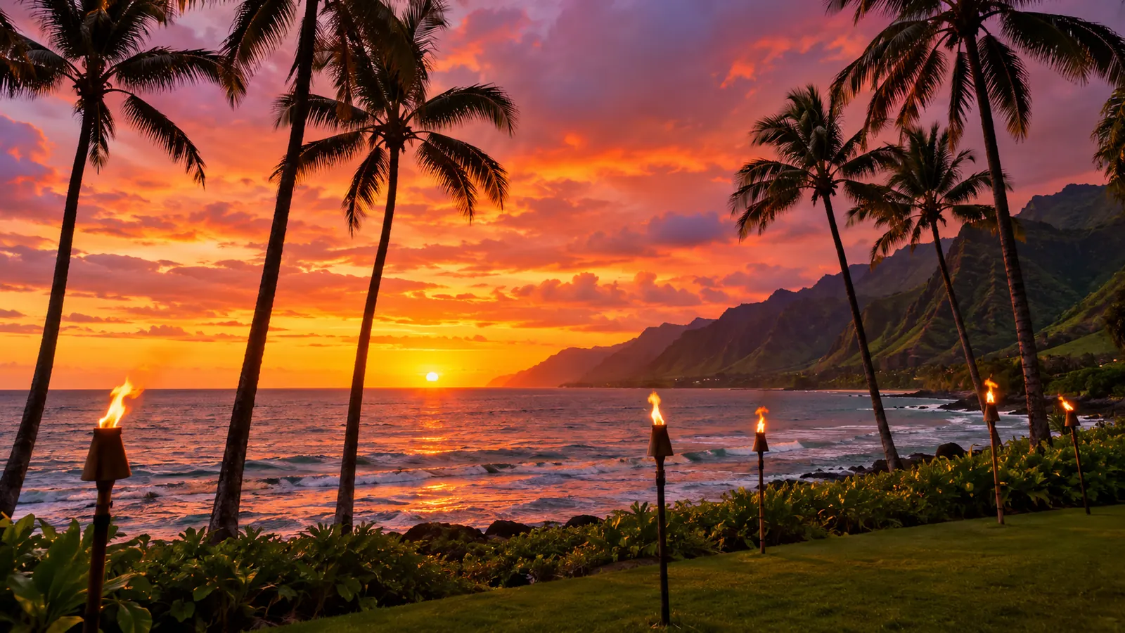 Tiki-Fackeln und Palmen an einem Kauai-Strand bei Sonnenuntergang