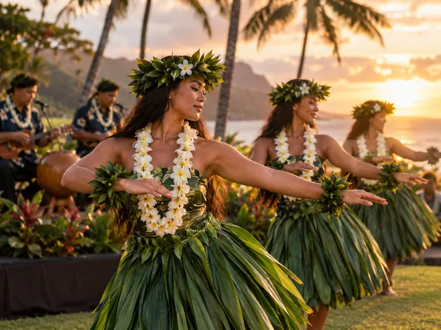 Hula-Tänzerinnen in Ti-Blatt-Röcken bei einem Kauai-Luau in der goldenen Stunde