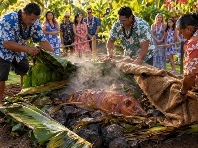 Kalua-Schwein wird aus einem unterirdischen imu-Ofen bei einem Kauai-Luau gehoben