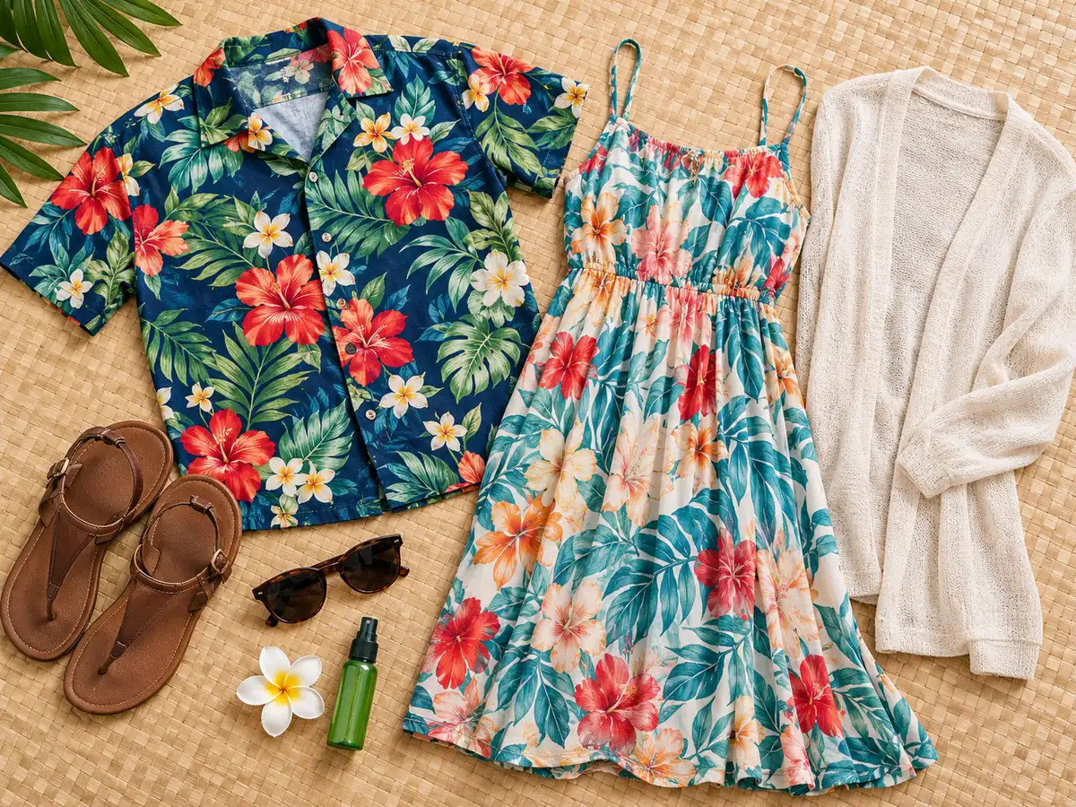 Hawaiihemd, Sommerkleid, Sandalen und eine Plumeria-Blüte für ein Luau bereitgelegt