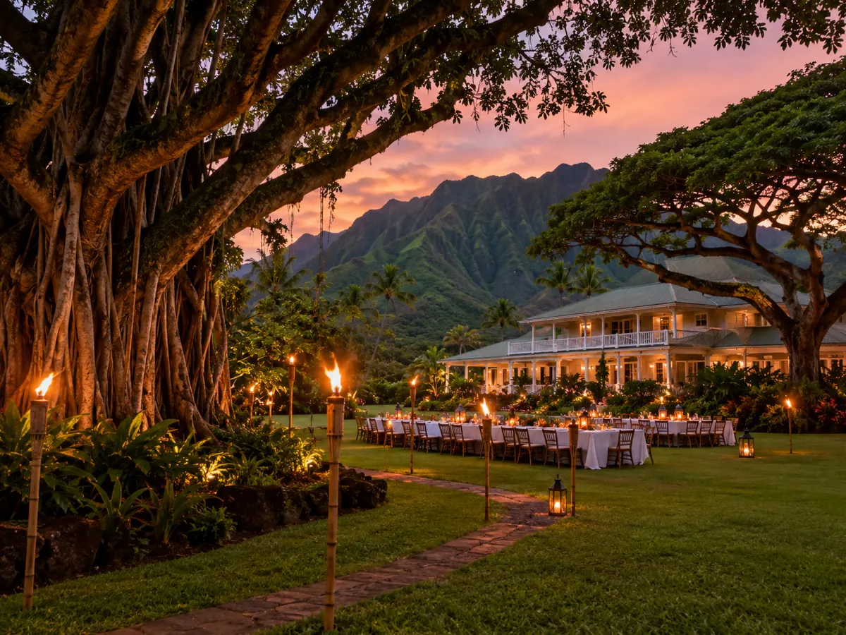 Von Fackeln beleuchteter Plantagengarten, für ein Luau in der Dämmerung hergerichtet