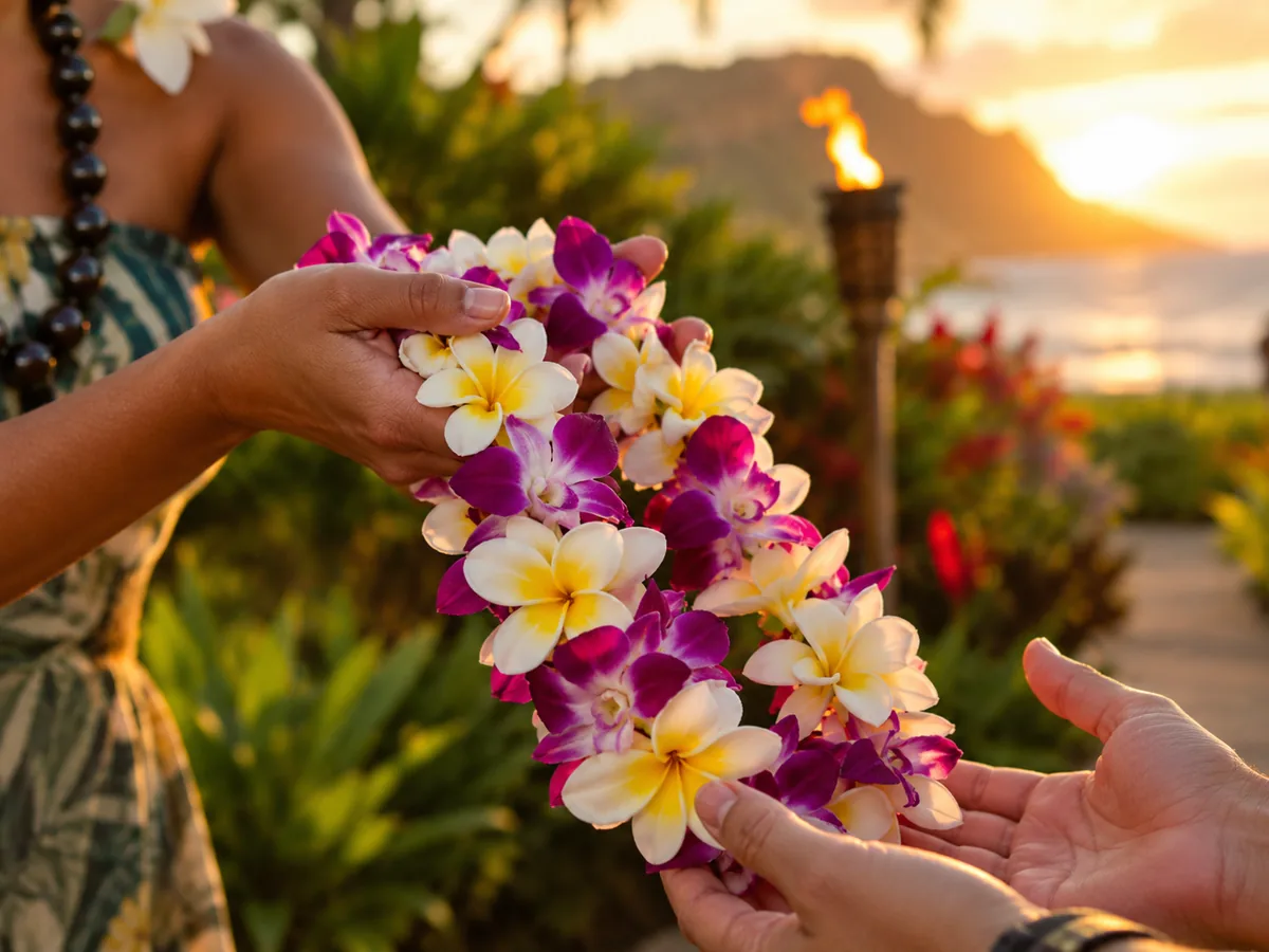 Frische Plumeria- und Orchideen-Leis für einen ankommenden Gast